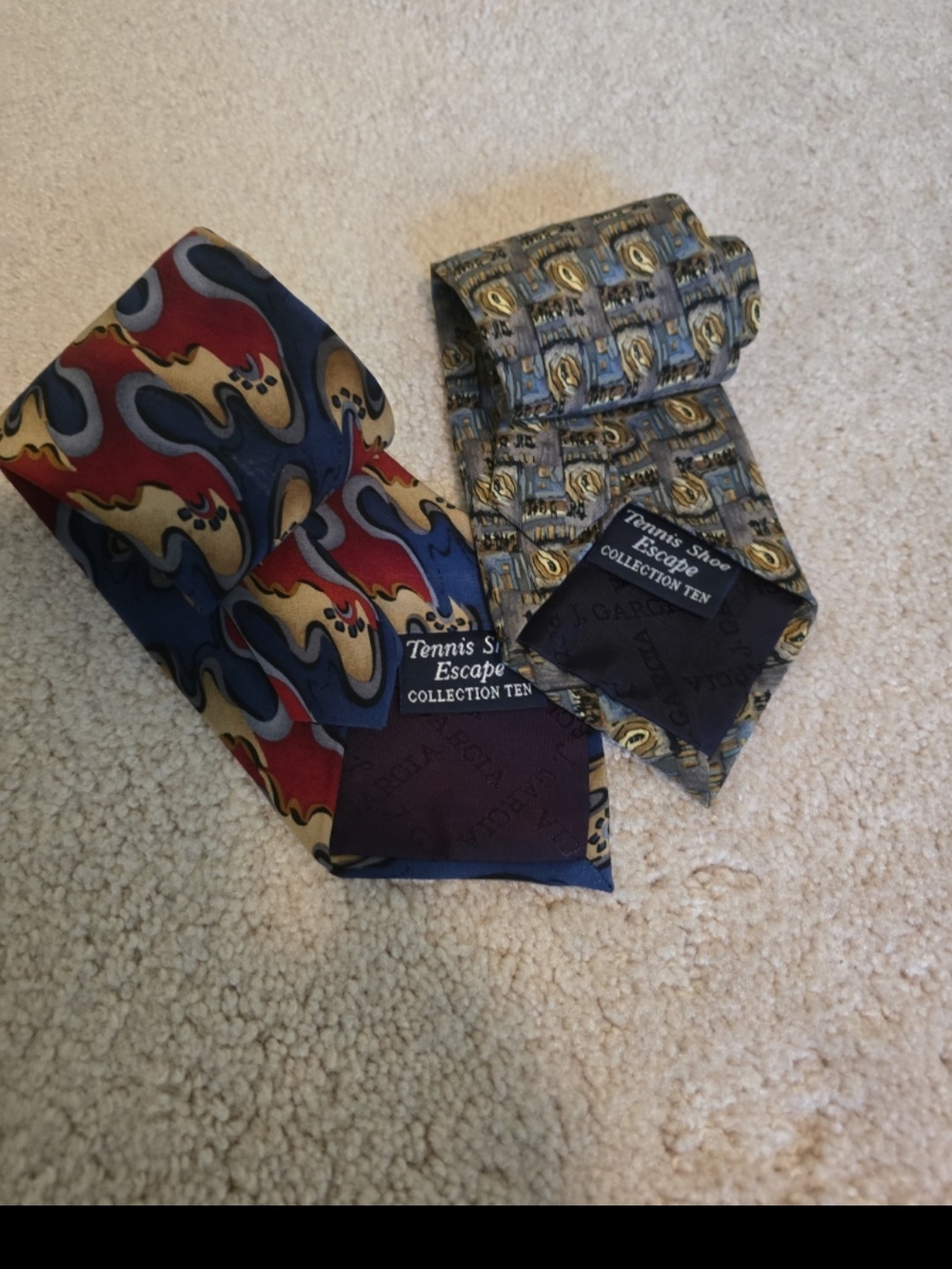 J. Garcia Multicolor Silk Tie Duo Featuring Blue, Red & Gold Accents - Picture 6 of 6